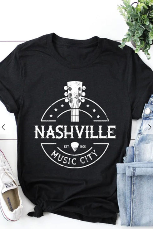 Black Nashville Music City Graphic Print Crew Neck T Shirt
